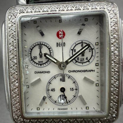 Michele Deco Chronograph Watch Women 33mm MOP Dial Steel Diamond New Battery1
