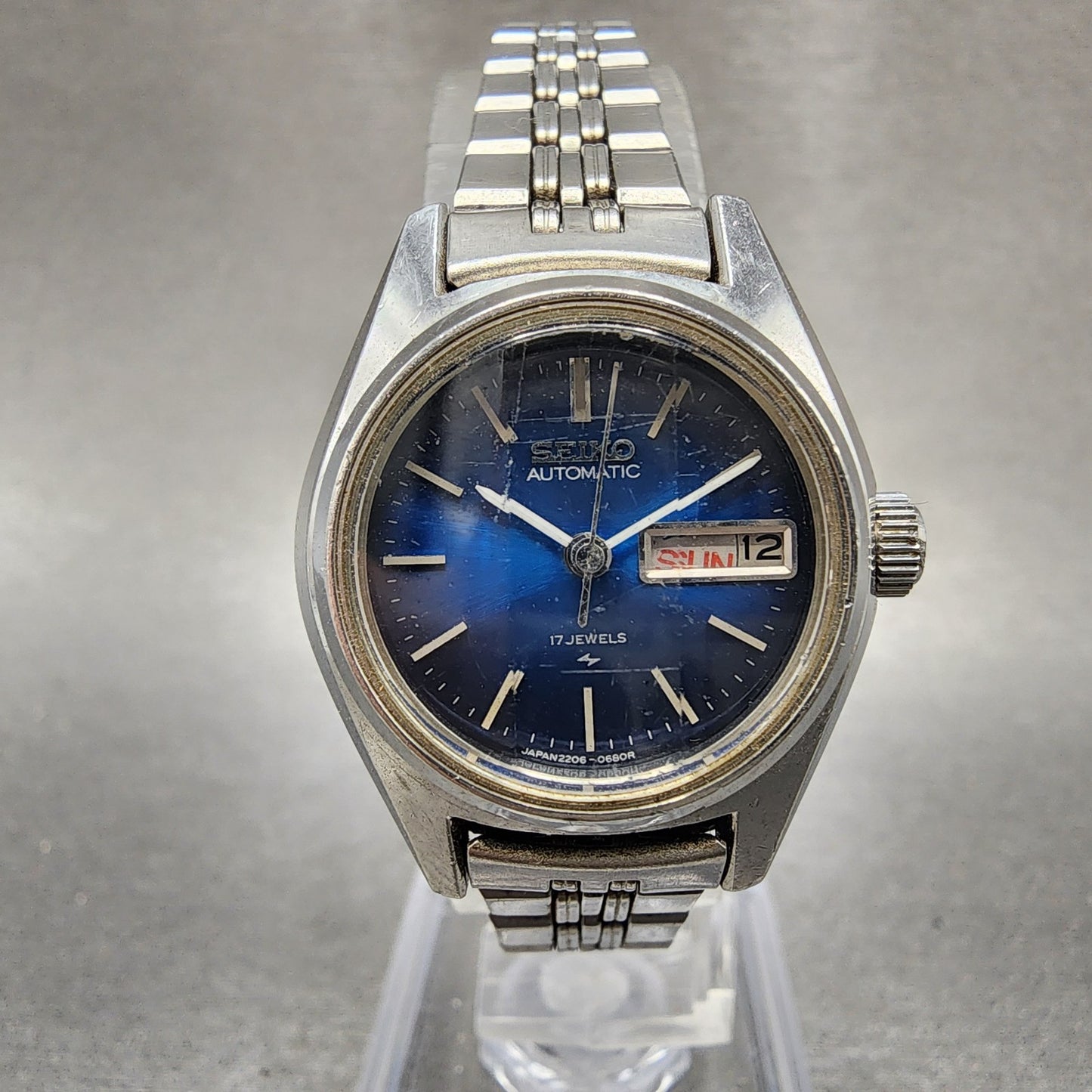 Seiko Automatic Watch Women 24mm Blue Dial Silver Tone Daydate READ!!!!!!!! Runs0