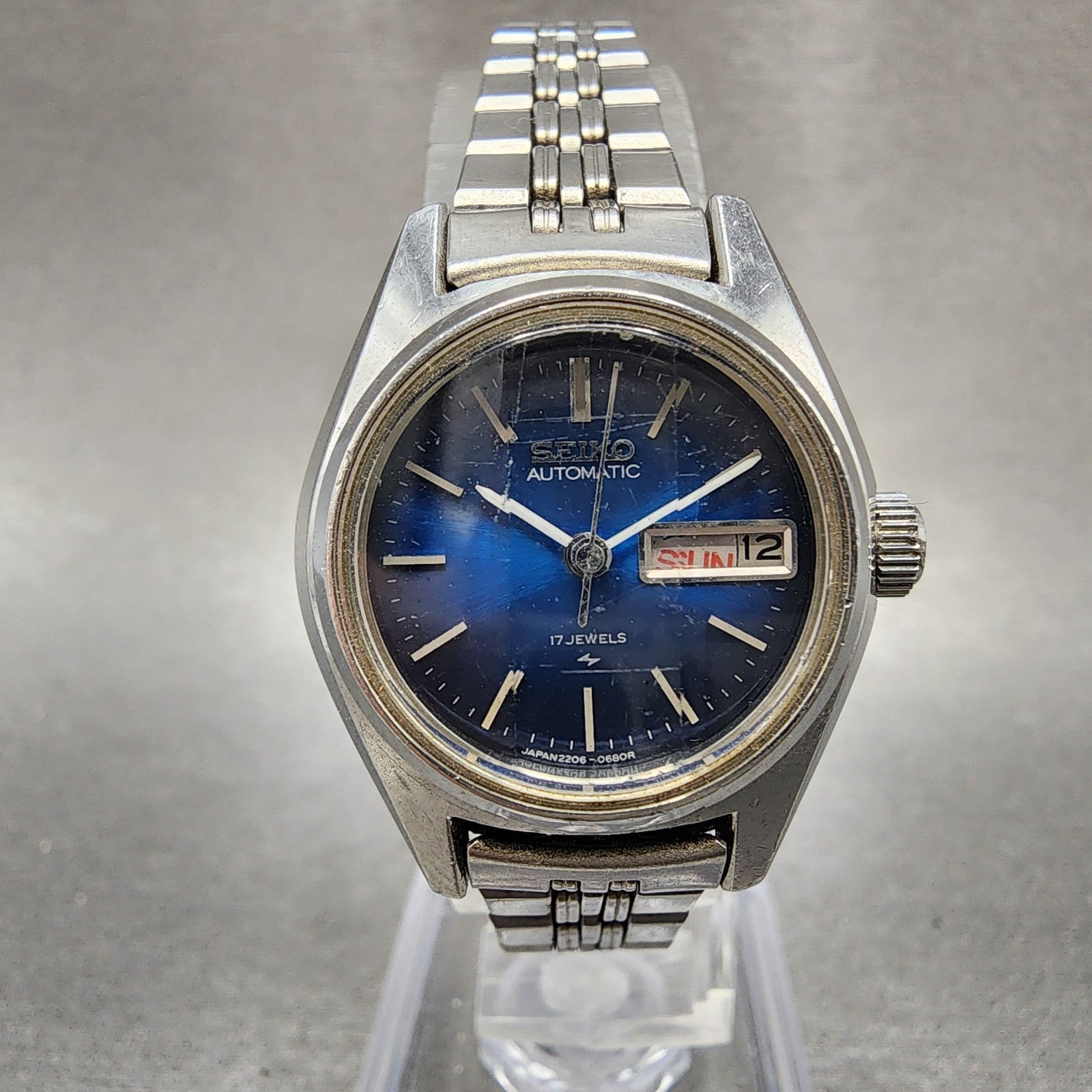Seiko Automatic Watch Women 24mm Blue Dial Silver Tone Daydate READ!!!!!!!! Runs0