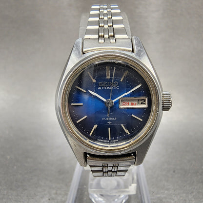 Seiko Automatic Watch Women 24mm Blue Dial Silver Tone Daydate READ!!!!!!!! Runs0