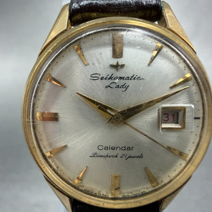 Seiko SeikoMatic Lady Watch Women 23mm Silver Dial Gold Tone Date Runs Vintage1