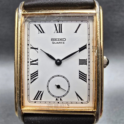 Seiko Tank Watch Men 25mm White Dial Gold Tone Rectangle 2628-5019 New Battery1