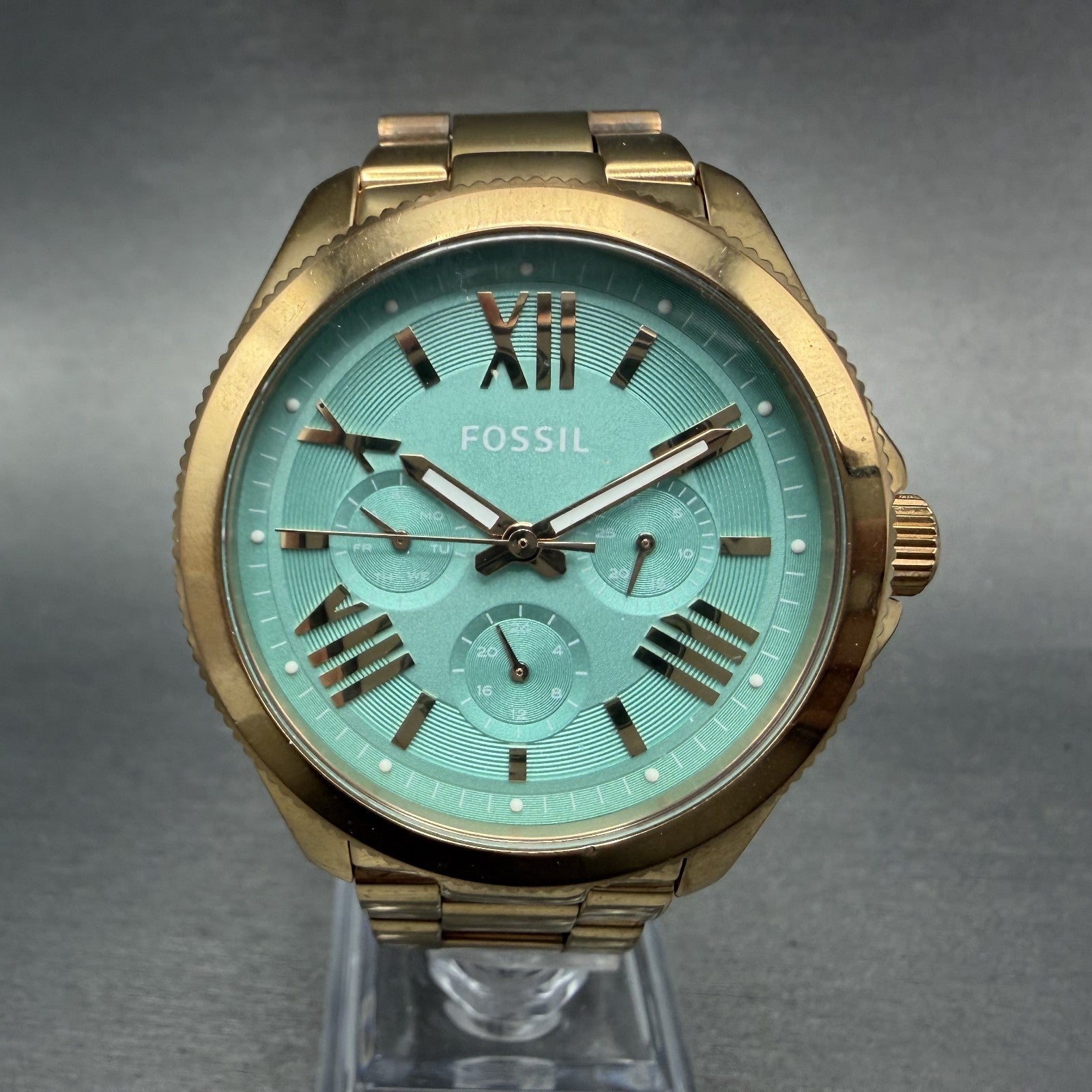 Fossil Cecile Watch Women 41mm Blue Dial Rose Gold Tone Daydate Round New Batt0