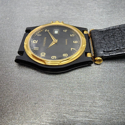 NOS Croton Watch Women 30mm Black Dial Black Tone Date Round New Battery