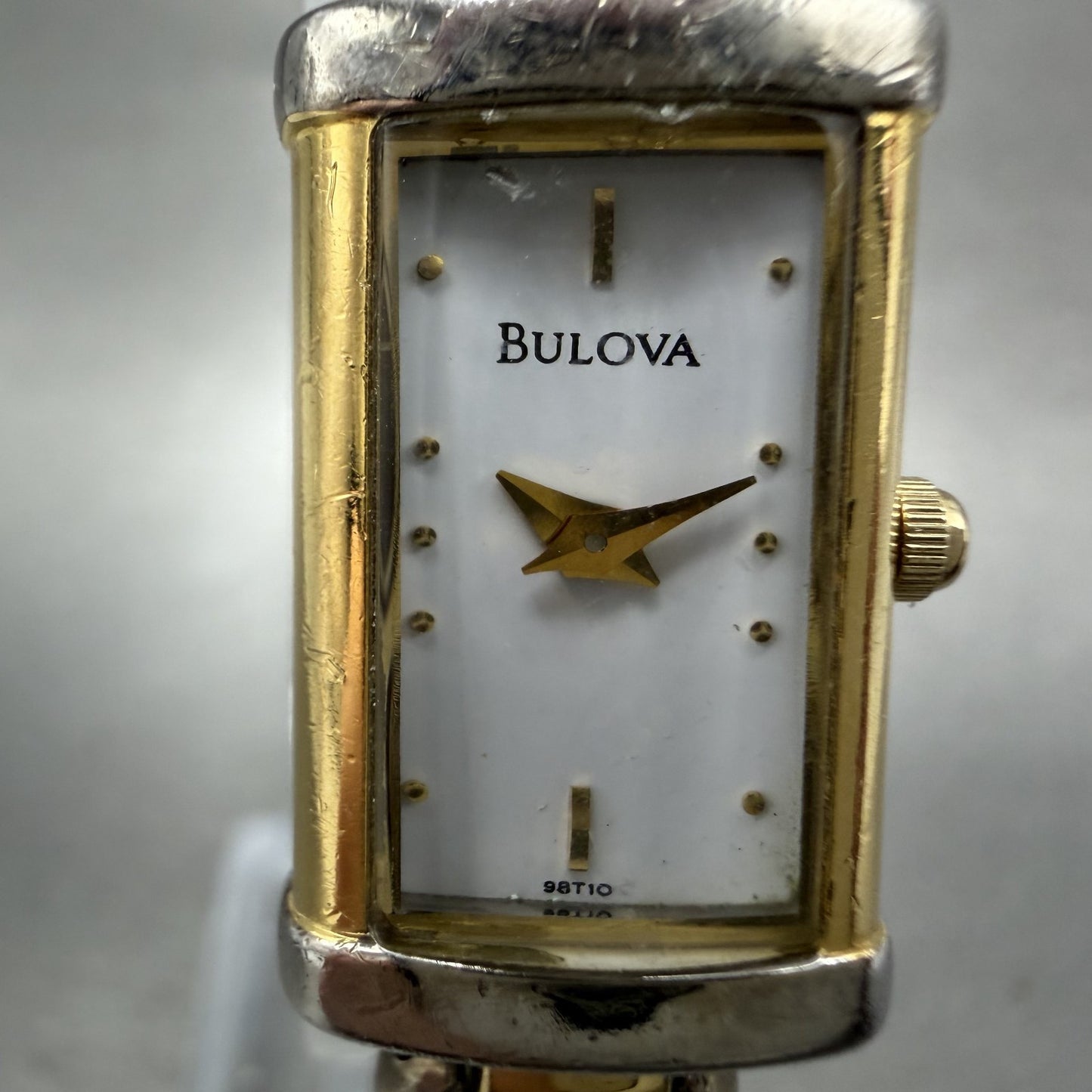 Bulova Tank Watch Women 15mm White Dial Two Tone Rectangle 98t10 New Battery1