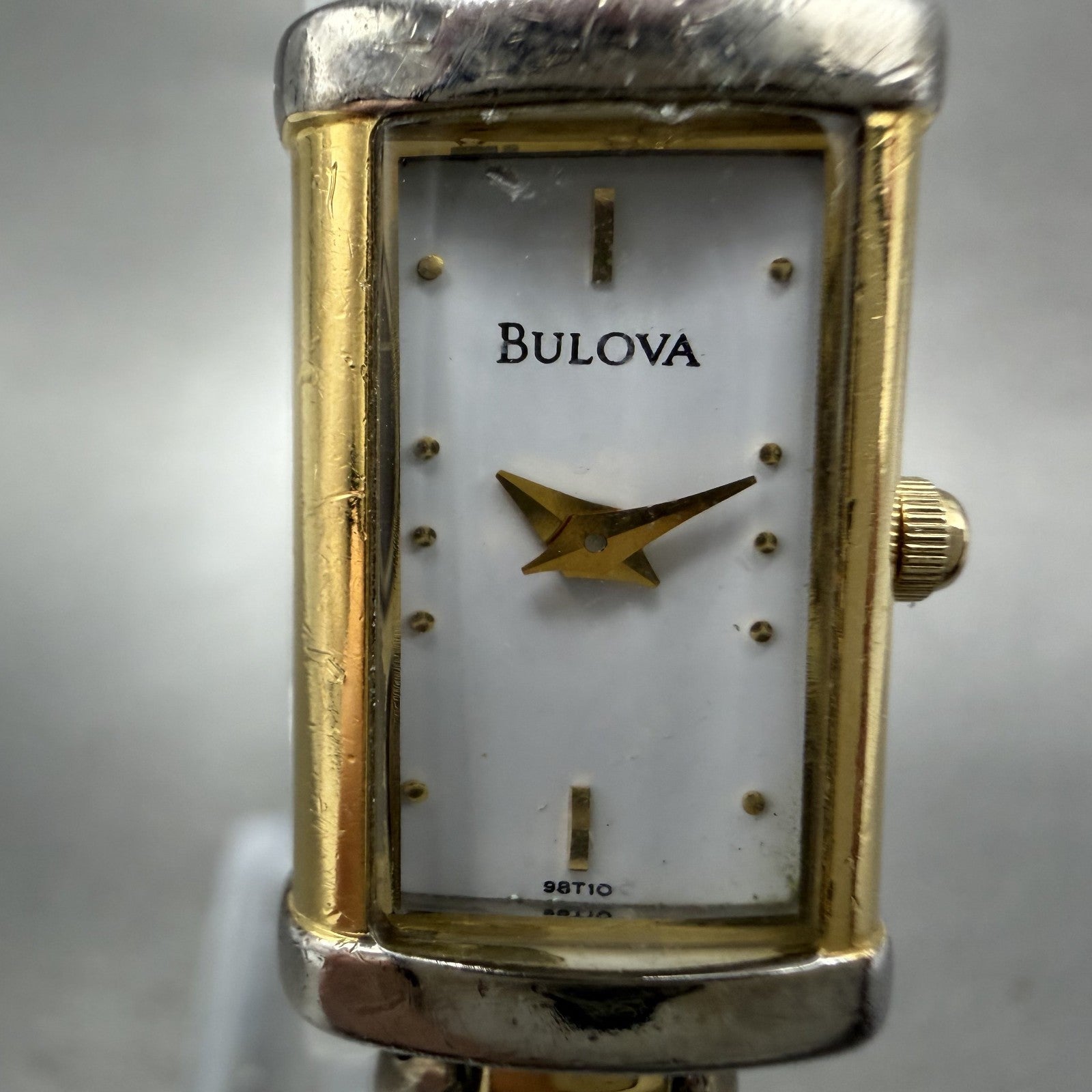 Bulova Tank Watch Women 15mm White Dial Two Tone Rectangle 98t10 New Battery1