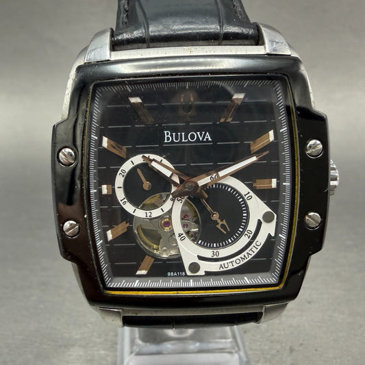 Bulova Automatic Tank Watch Men 41mm Black Dial Silver Tone Skeleton 98A118 Runs0