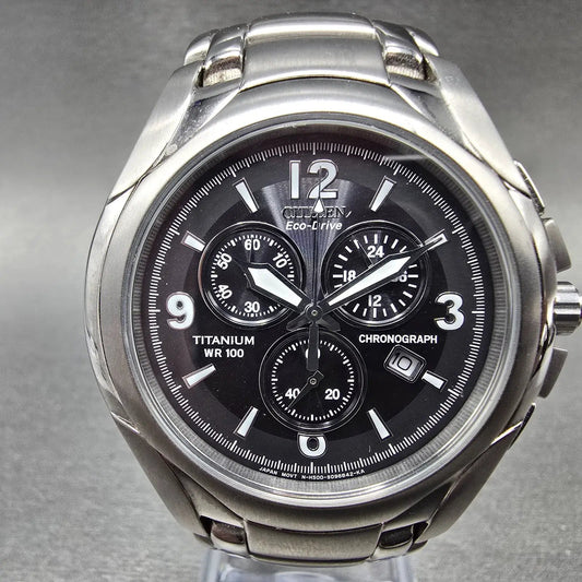 Citizen Eco-Drive Chronograph Watch Men 43mm Black Dial Titanium Date Round Runs0
