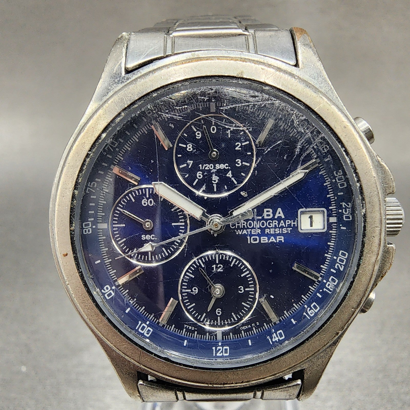 Seiko Alba Chronograph Watch Men 37mm Blue Dial Silver Tone Date 7t920ek0 PARTS2