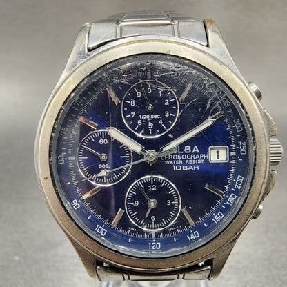 Seiko Alba Chronograph Watch Men 37mm Blue Dial Silver Tone Date 7t920ek0 PARTS2
