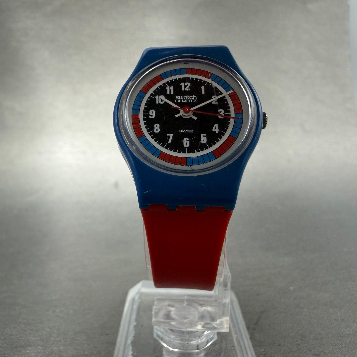 Swatch Tri-Color Racer Watch Women 25mm Black Dial Blue Yellow Red LS102 New bat5