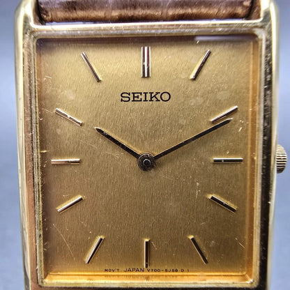Seiko Tank Watch Men 25mm Champagne Dial Gold Tone Rectangle V700-5K30 New Batt1
