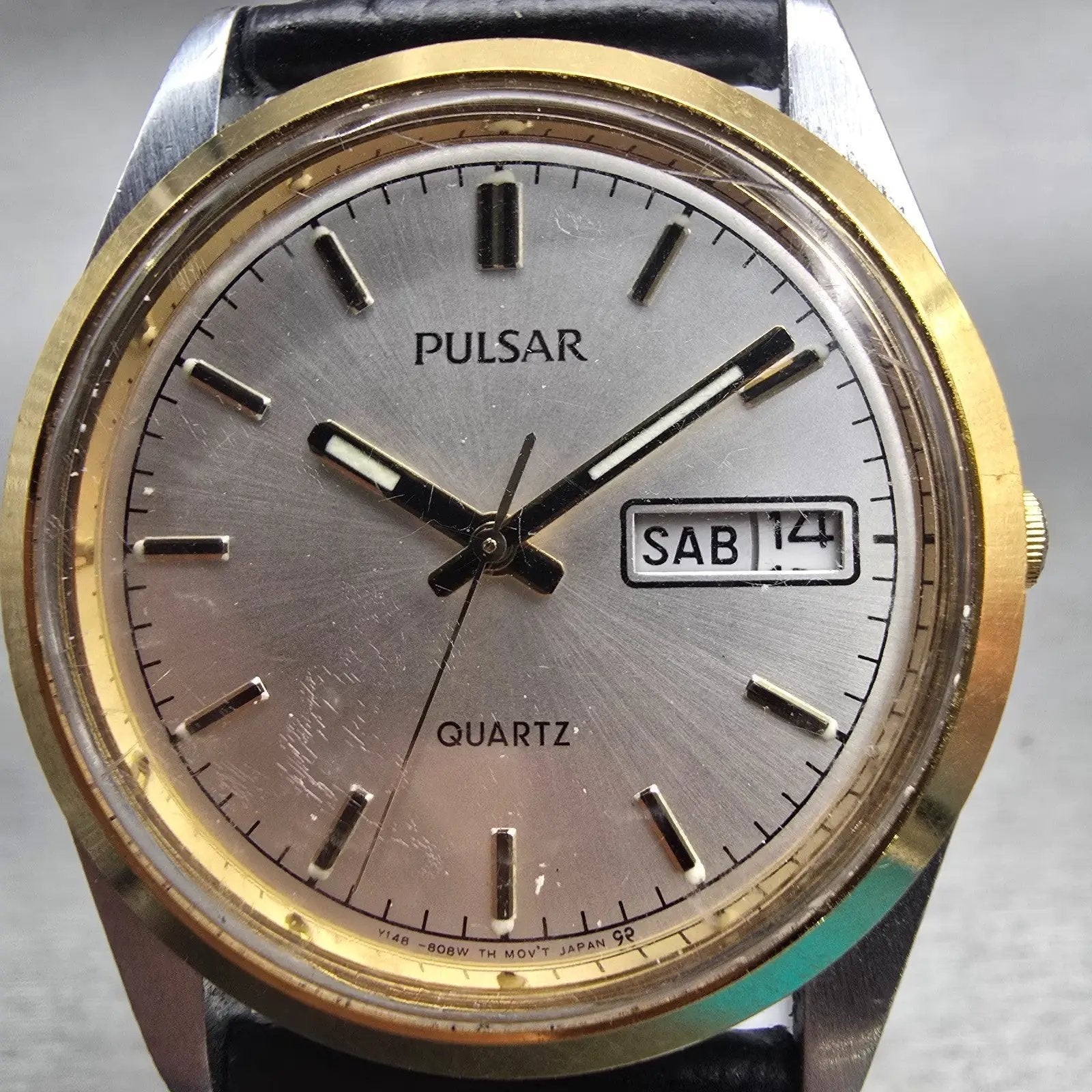 Seiko Pulsar Watch Men 35mm Silver Dial Two Tone Daydate Round Y148-8060 New Bat1
