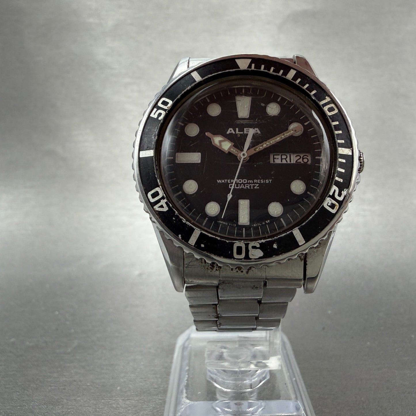 Seiko Alba Dive Watch Men 39mm Black Dial Silver Tone Daydate Y113-6130 New Batt5
