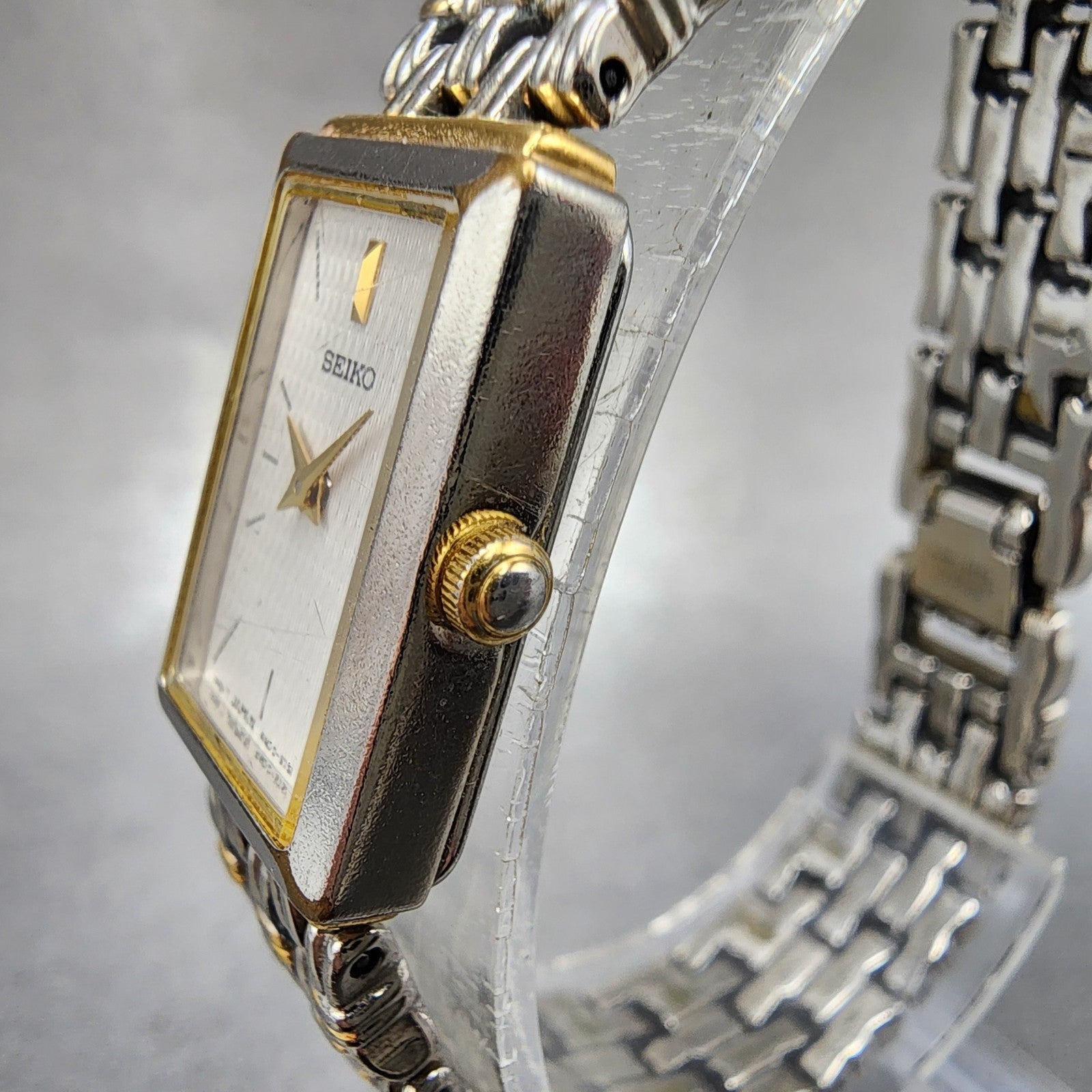 Seiko Tank Watch Women 15mm White Dial Two Tone Rectangle 4n007149 New Battery2