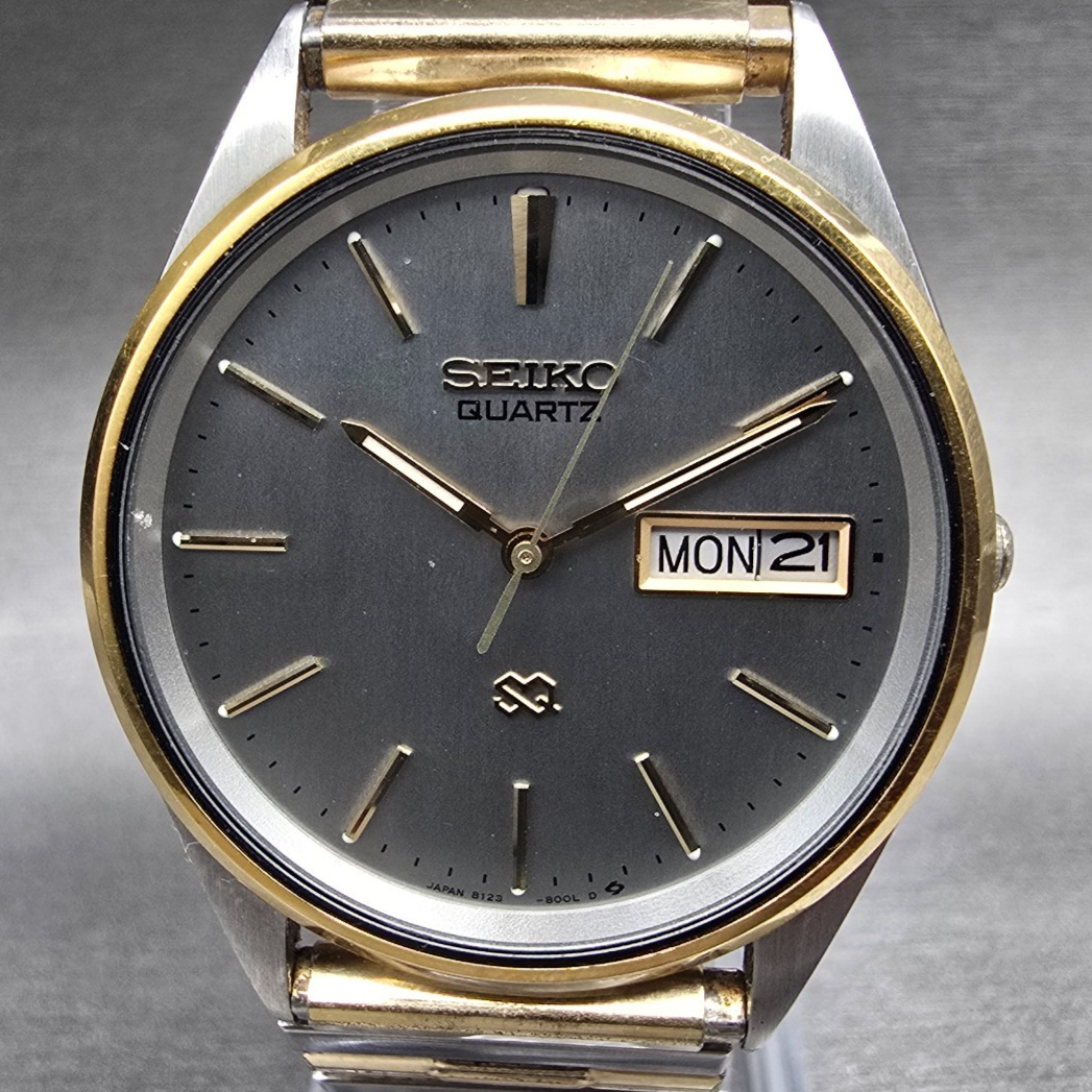 Seiko SQ Watch Men 34mm Gray Dial Two Tone Daydate Round 8123-8009 New Battery1