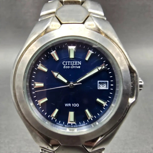 Citizen Eco-Drive Watch Men 39mm Blue Dial Silver Tone Date E110-K16385 Runs0