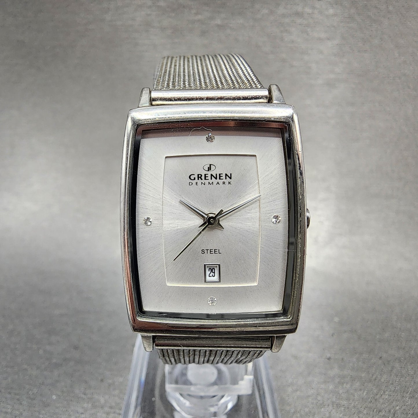 Skagen Grenen Tank Watch Women 23mm Silver Dial Steel Date Rectangle New Battery0