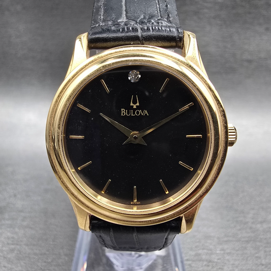 Bulova Watch Women 30mm Black Dial Gold Tone Diamond Accent Round 97Y01 New Batt0