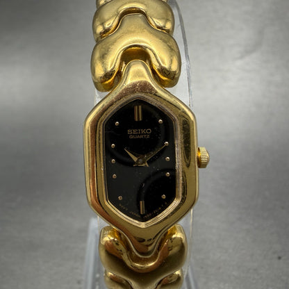 Seiko Watch Women 16mm Black Dial Gold Tone Hexagon 1N00-5G90 New BatteryVTG0
