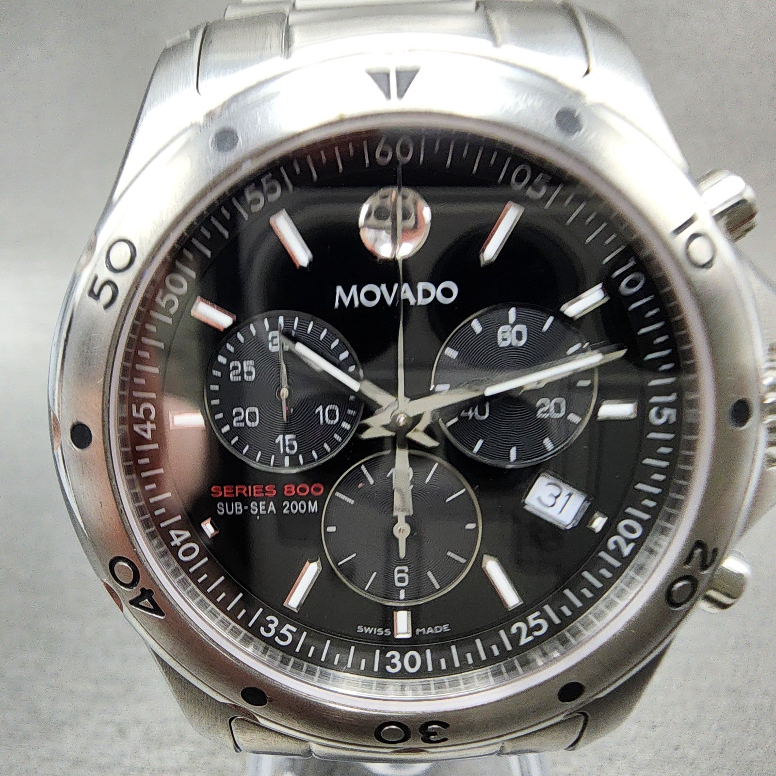 Movado Series 800 Sub Sea Chronograph Watch Men 42mm Black Dial Steel New Batt1