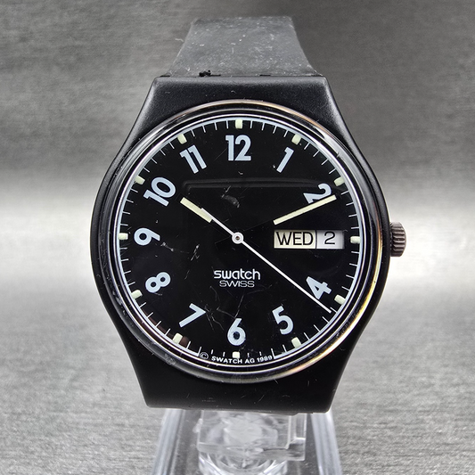 Swatch Big Seven Watch Men 34mm Black Dial Daydate GB730 Round New Battery VTG0