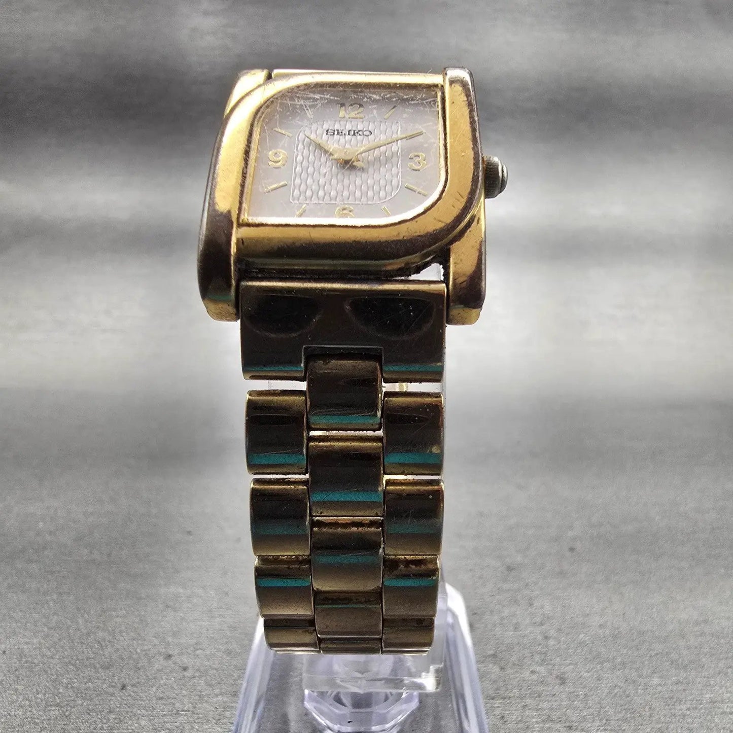 Seiko Watch Men 23mm White Dial Gold Tone Rectangle 4N00-6769 New Battery VTG5