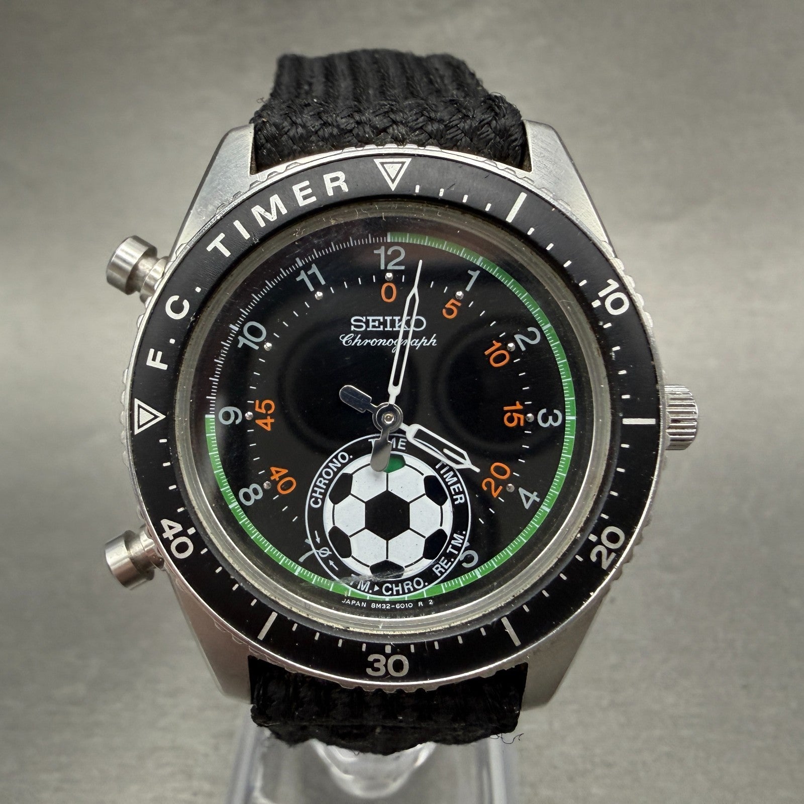 Seiko F.C Timer Watch Men 36mm Black Dial Steel Chronograph 8M32-6010 New batt0