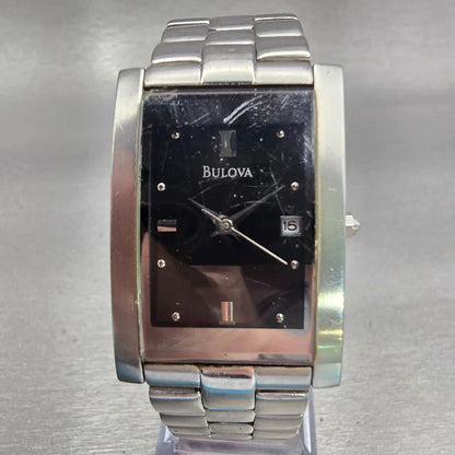 Bulova Watch Men 24mm Black Dial Silver Tone Date Rectangle New Battery Vintage0