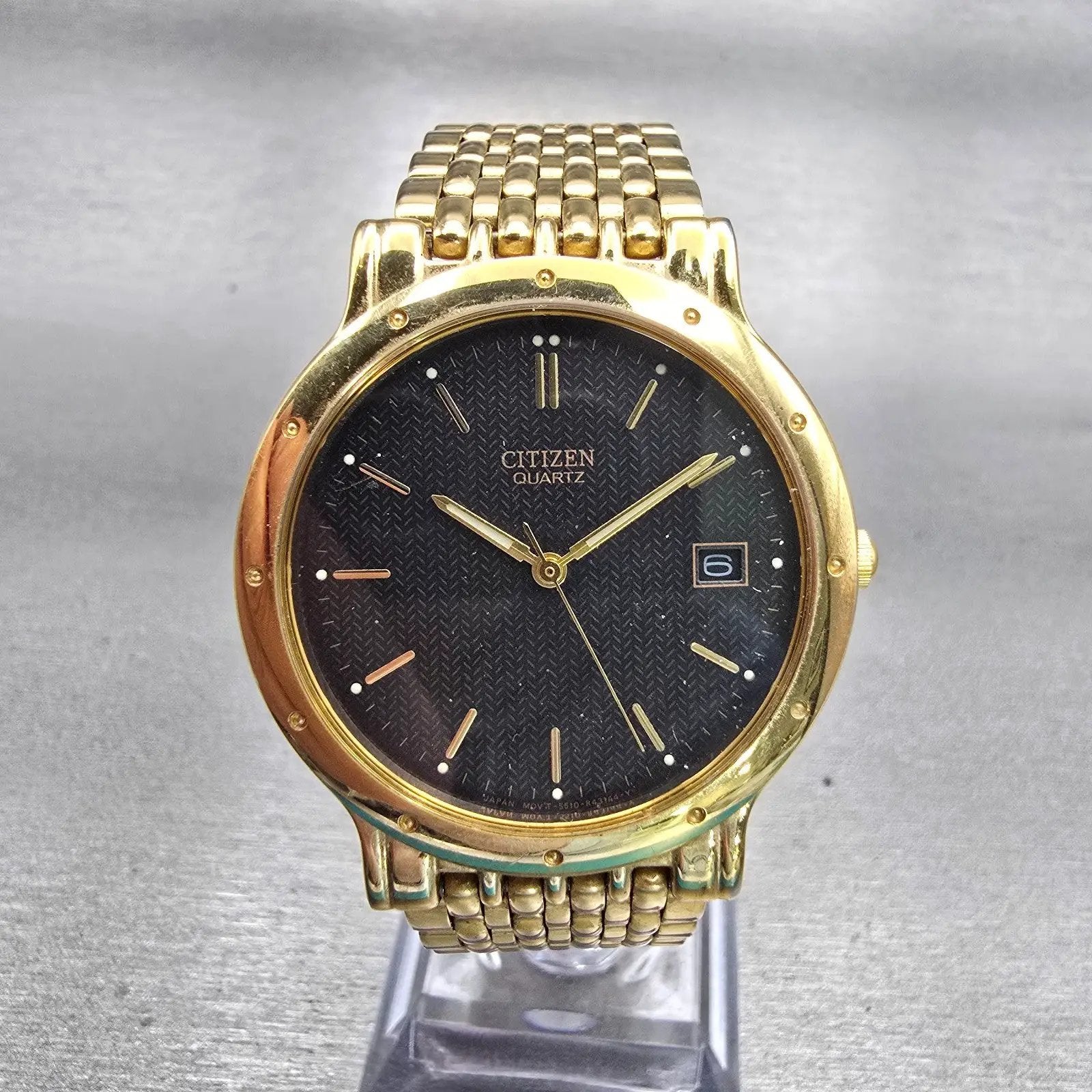 Citizen Watch Men 34mm Black Dial Gold Tone Date Round 5510-R10168 New Battery0