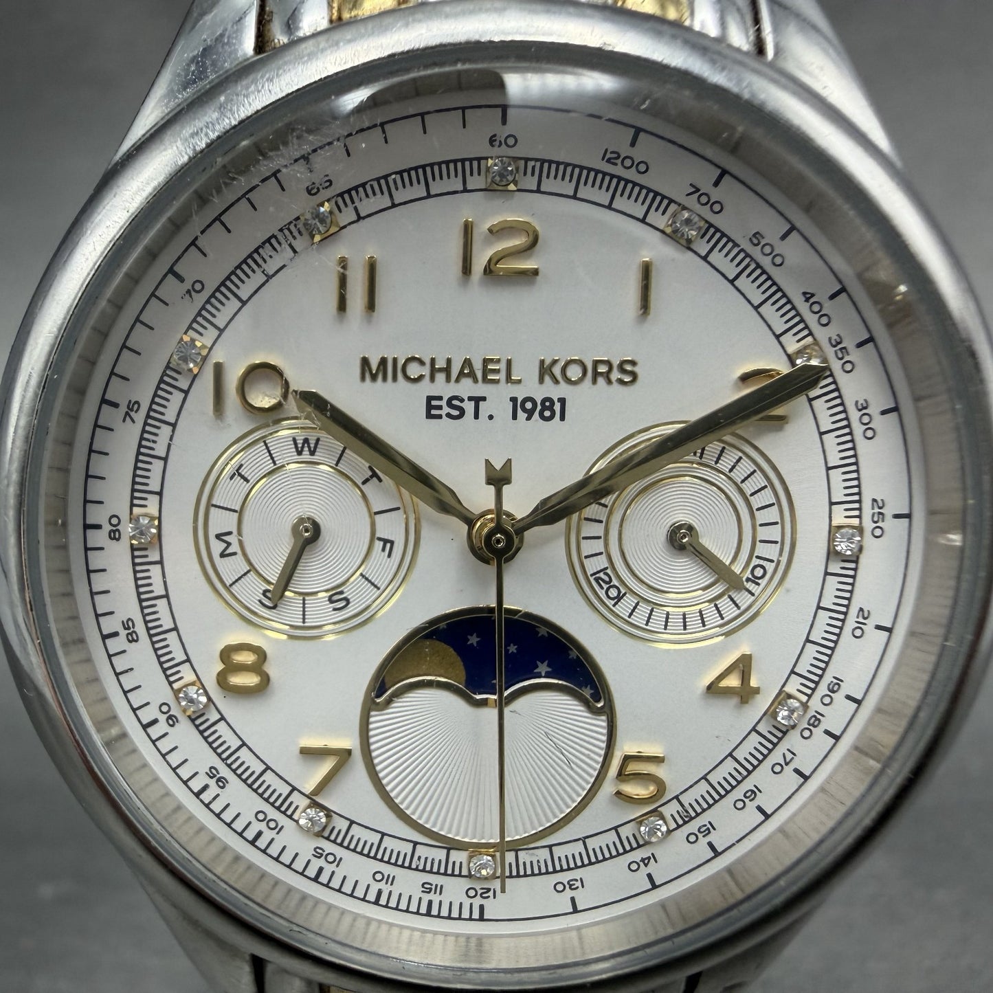 Michael Kors Amelia Moonphase Watch Women 38mm White Dial Two Tone New Battery1