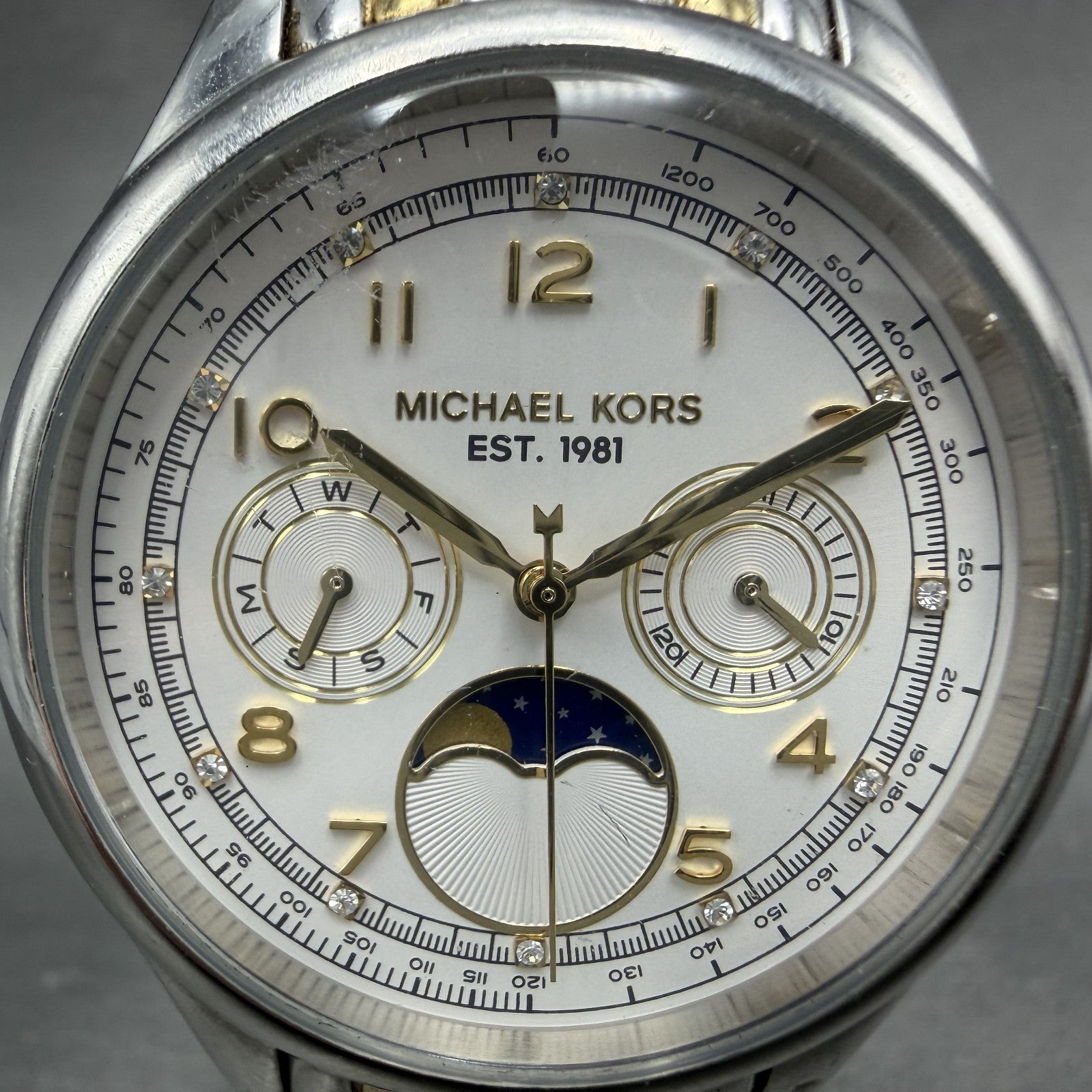 Michael Kors Amelia Moonphase Watch Women 38mm White Dial Two Tone New Battery1