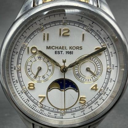 Michael Kors Amelia Moonphase Watch Women 38mm White Dial Two Tone New Battery1