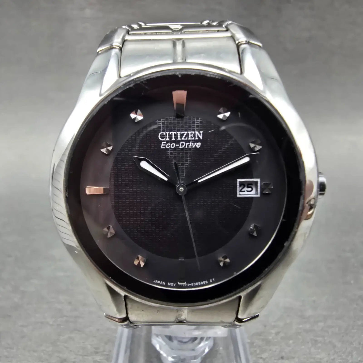 Citizen Eco-Drive Watch Men 37mm Black Dial Silver Tone Date E111-S058481 Runs F0