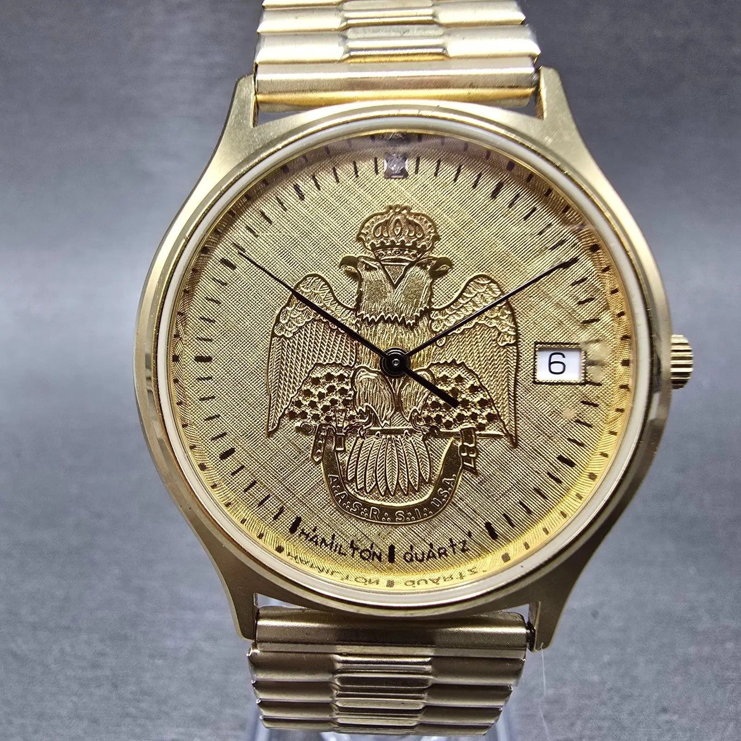 Hamilton Masonic Watch Men 34mm Gold Dial Gold Tone Date Round 9812 New BatteryP0