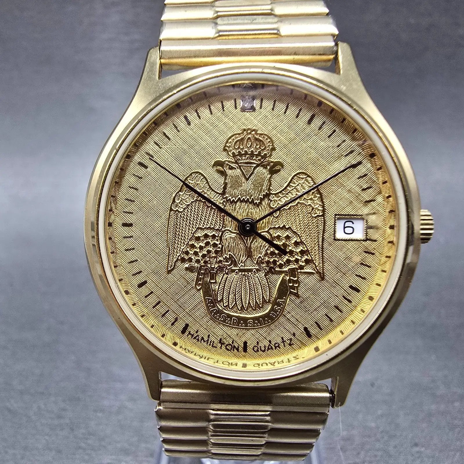 Hamilton Masonic Watch Men 34mm Gold Dial Gold Tone Date Round 9812 New BatteryP0