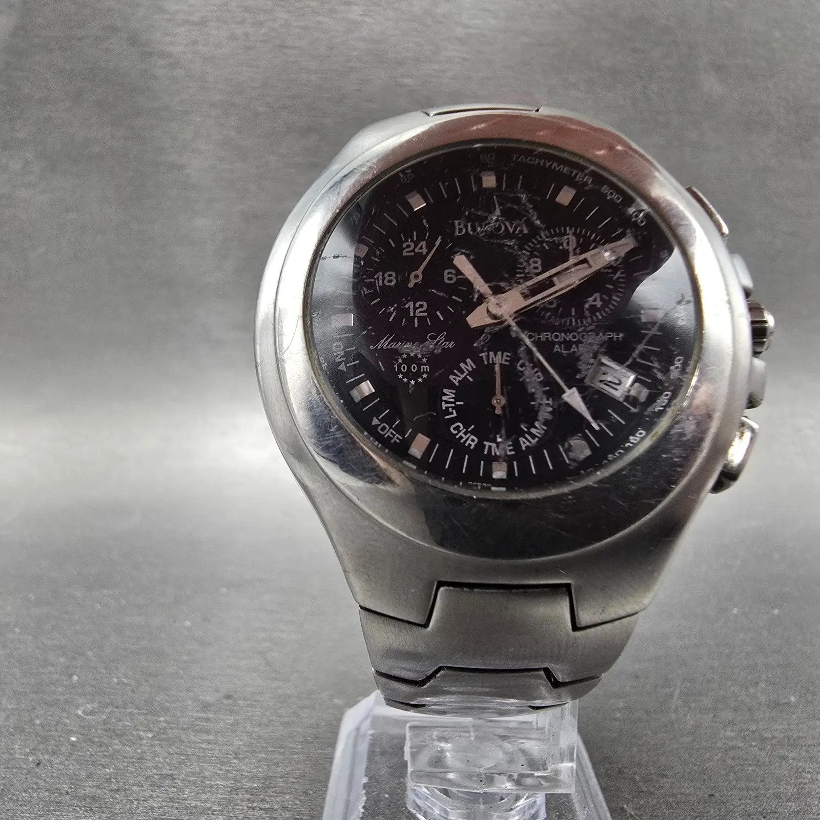 Bulova Marine Star Chrono Alarm Watch Men 39mm Black Dial Steel 96B99 NewBattery5