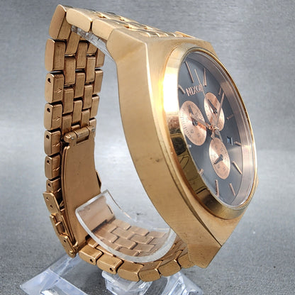Nixon Time Teller Chrono Watch Women 39mm Gray Dial Rose Gold Tone Date New Batt3