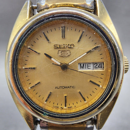 Seiko 5 Automatic Watch Women 24mm Gold Dial Gold Tone Daydate Round Runs1