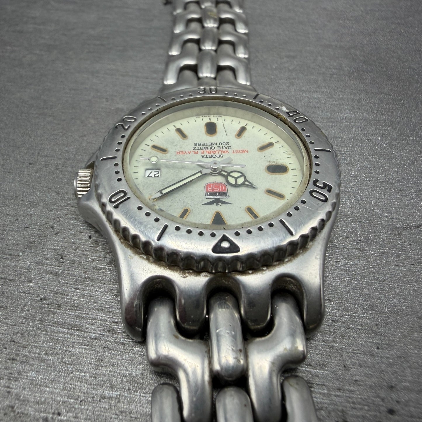 Elgin Dive Watch Men 37mm Gray Dial Silver Tone Date Round FK-592 New Battery4