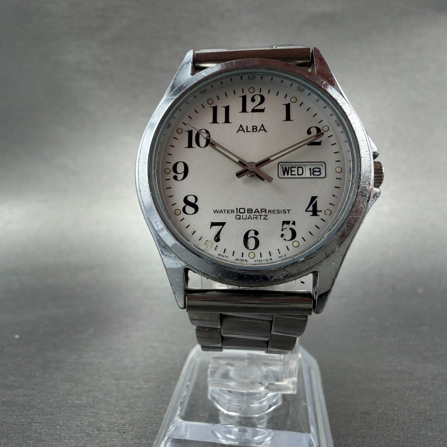 Seiko Alba Watch Men 35mm Silver Dial Silver Tone Daydate V733-7A70 New Battery15