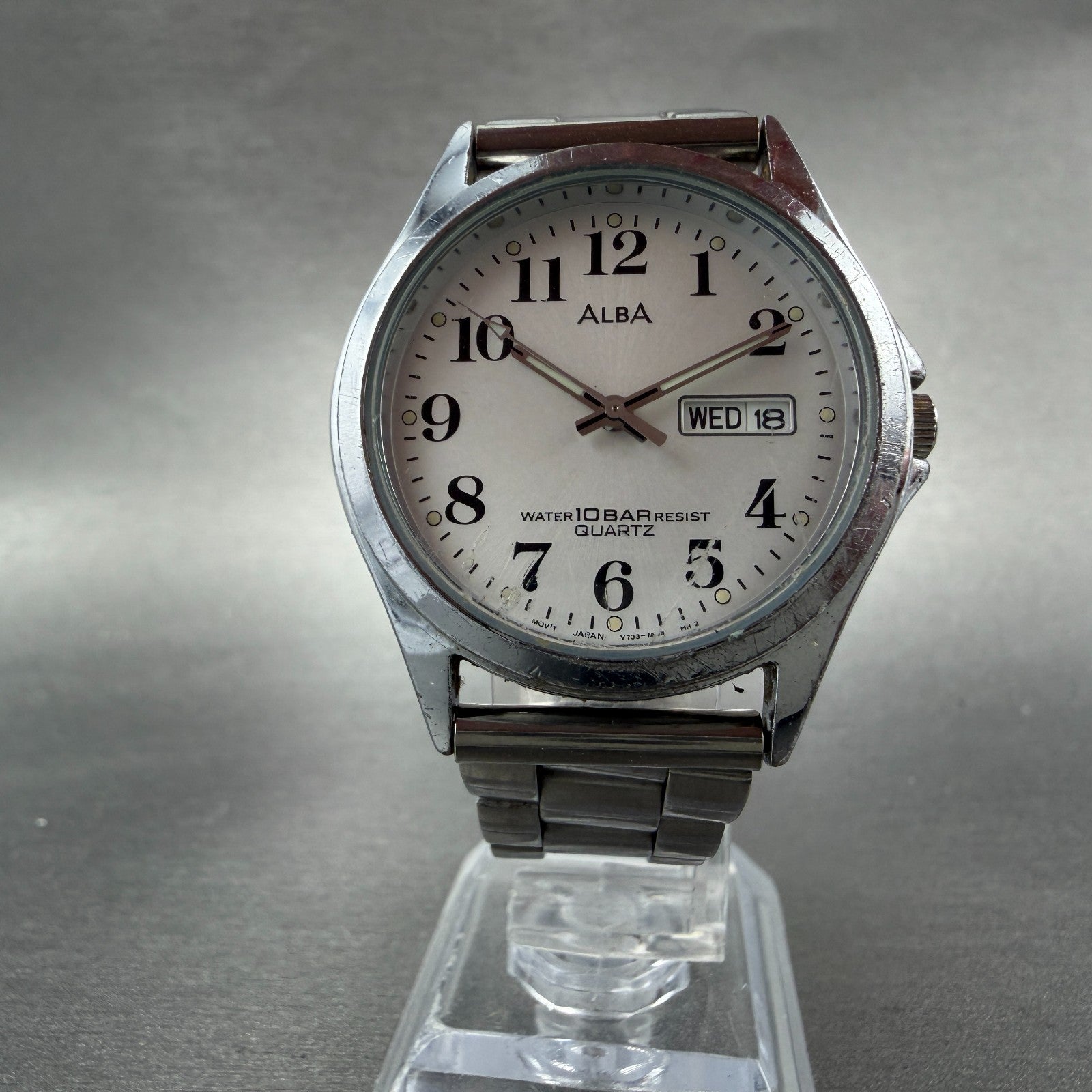 Seiko Alba Watch Men 35mm Silver Dial Silver Tone Daydate V733-7A70 New Battery15