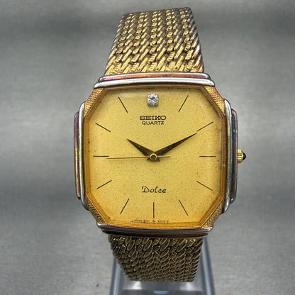 Seiko Dolce Watch Men 28mm Gold Dial Gold Tone Hexagon 7731-5000 New Battery0
