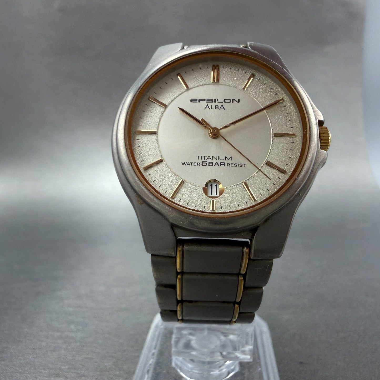 Seiko Alba Epsilon Watch Men 34mm Champagne Titanium Two Tone Date New Battery5