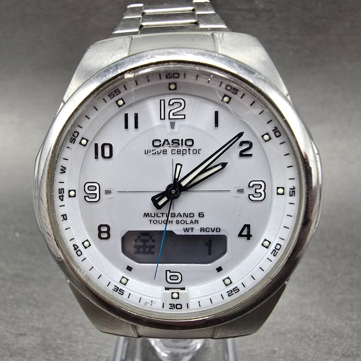 Casio Wave Ceptor Watch Men 42mm White Dial Steel Solar Analog Digital Works JDM0