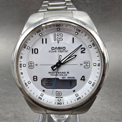 Casio Wave Ceptor Watch Men 42mm White Dial Steel Solar Analog Digital Works JDM0