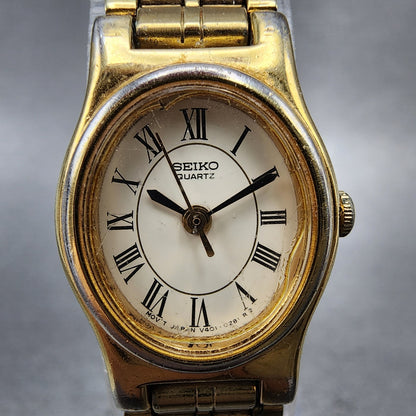 Seiko Watch Women 18mm White Dial Gold Tone Oval V4015109 New Battery VTG1
