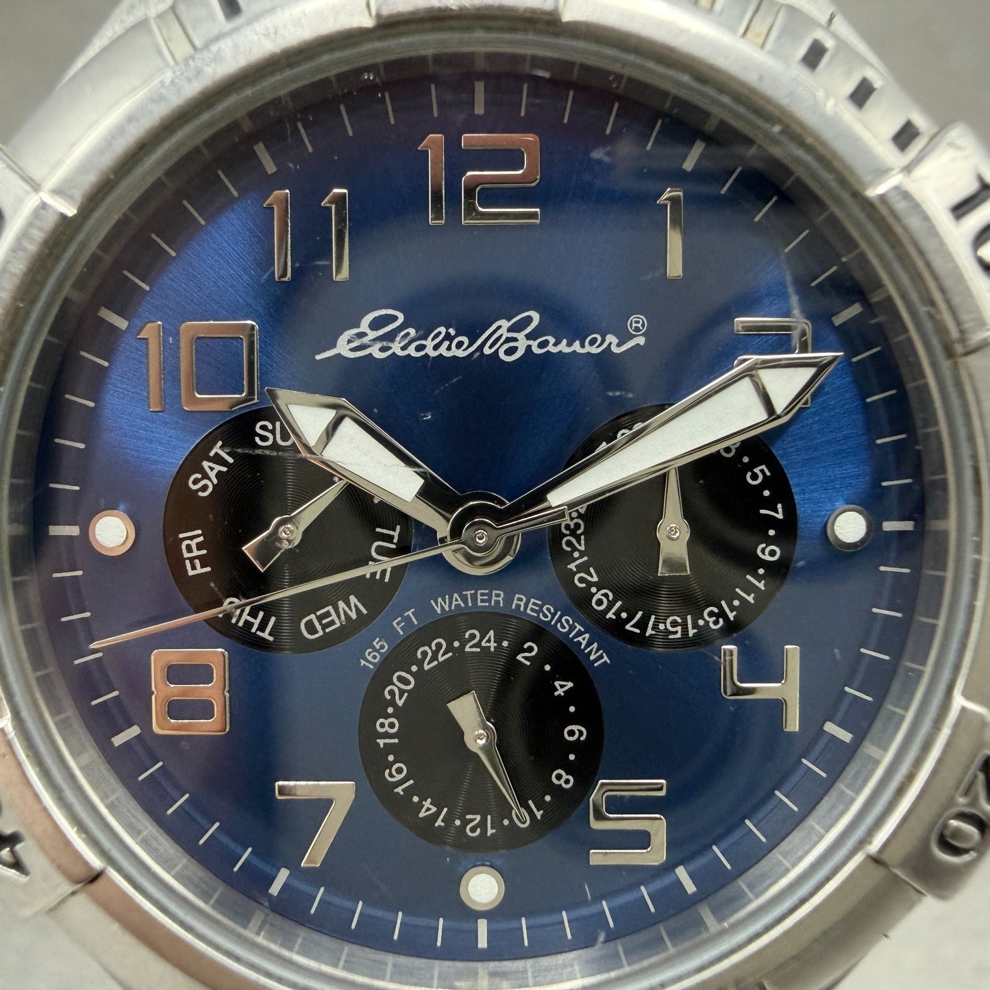 Eddie Bauer Watch Men 40mm Blue Dial Silver Tone Daydate Round New battery1