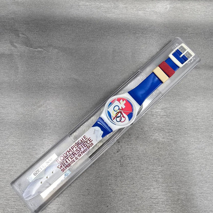 Swatch St. Moritz 1928 Watch Men 34mm Blue Dial White Case GZ134 New Battery NOS13