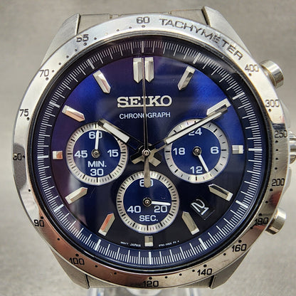 Seiko Chronograph Watch Men 40mm Blue Dial Silver Tone Date 8t63-00d0 NewBattery